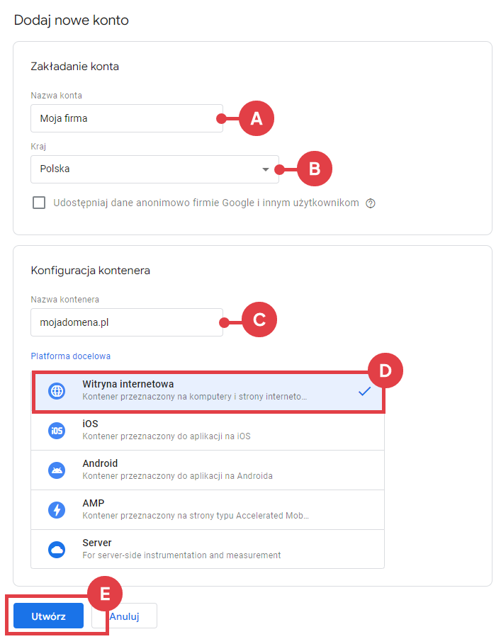 Tworzenie nowego konta w Google Tag Manager
