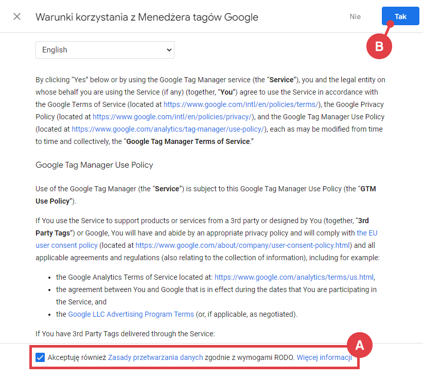 Google Tag Manager warunki korzystania z usługi