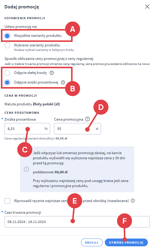 Zaznacz opcję: Wszystkie warianty produktu Panel administracyjny sklepu > Obsługa sklepu > Produkty > Edycja produktu z wariantami magazynowymi > Promocje i oznaczenia > Wszystkie warianty