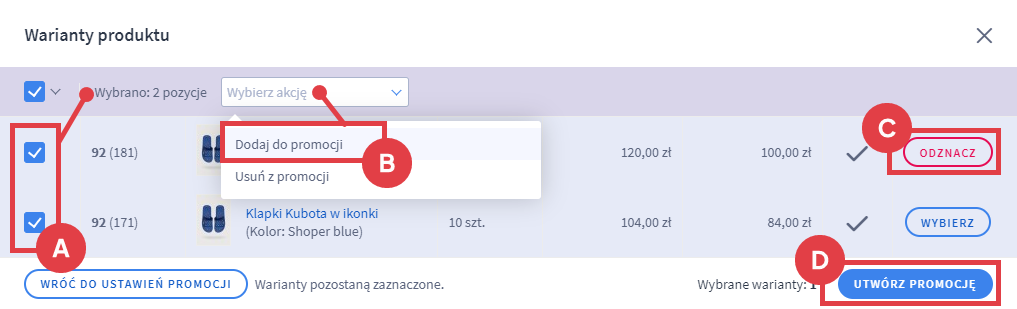 Panel administracyjny sklepu > Obsługa sklepu > Produkty > Edycja produktu z wariantami magazynowymi > Promocje i oznaczenia > Nadchodzące i trwające promocje > Wybieranie wariantów