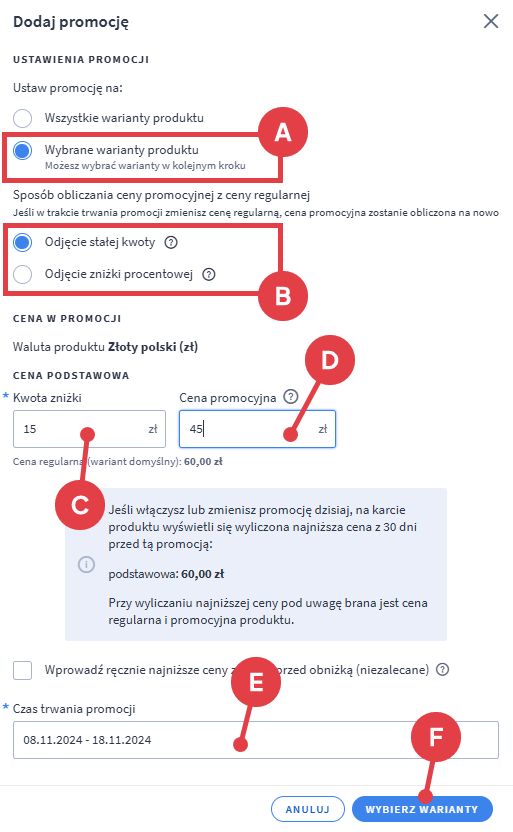 Panel administracyjny sklepu > Obsługa sklepu > Produkty > Edycja produktu z wariantami magazynowymi > Promocje i oznaczenia > Dodaj promocję > Wybrane warianty