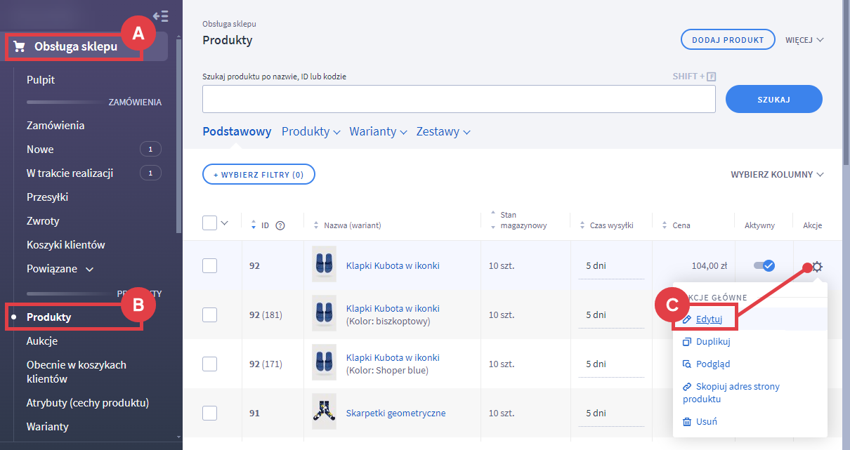 Panel administracyjny sklepu > Obsługa sklepu > Produkty > Edycja produktu z wariantami magazynowymi