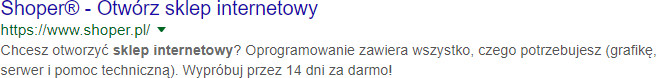 Przykład wyniku dla domeny: shoper.pl w wyszukiwarce Google.