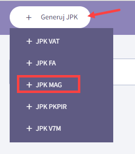 Kliknij przycisk: Generuj JPK i wybierz opcję: JPK MAG
