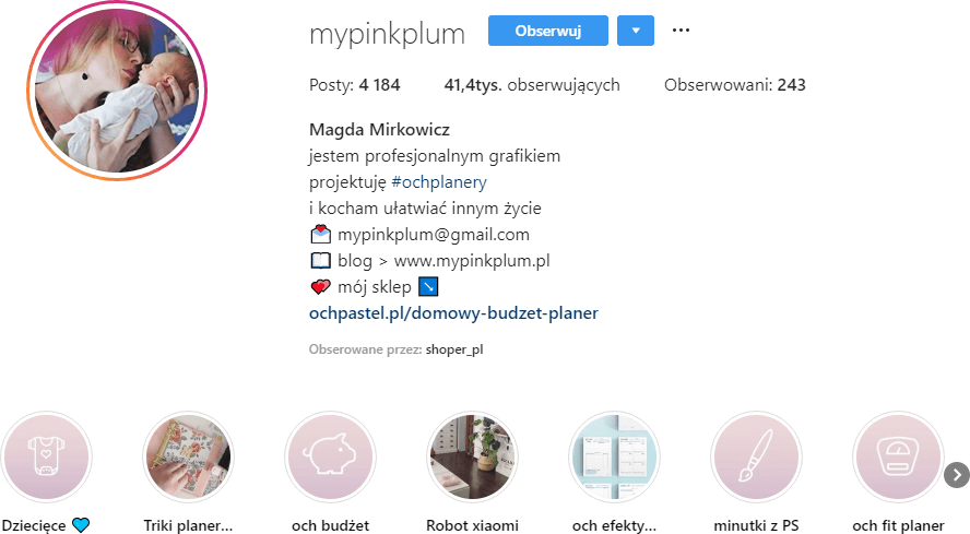 Przykład konta na Instagramie z estetycznym menu relacji wyróżnionych
