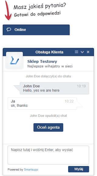 Przykład dodanego komunikatora czat on-line na sklepie internetowym Przykładowy wygląd dodanego czatu on-line na stronach sklepu internetowego
