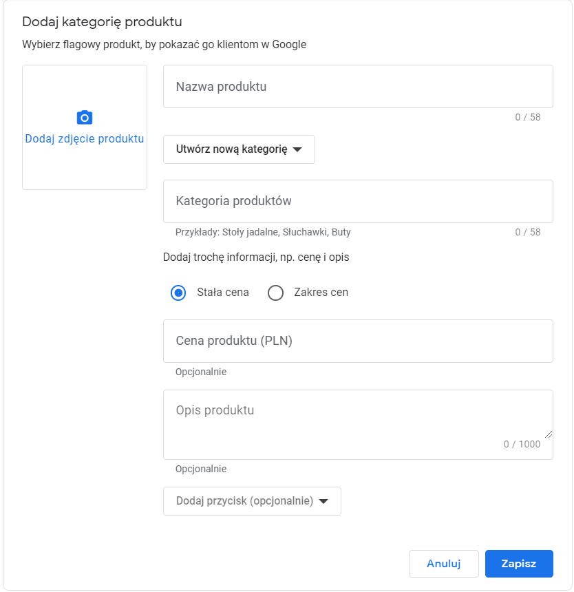 Formularz dodawania oferty produktu do wizytówki firmy w Google