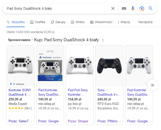 Przykładowe reklamy produktowe w wyszukiwarce Google