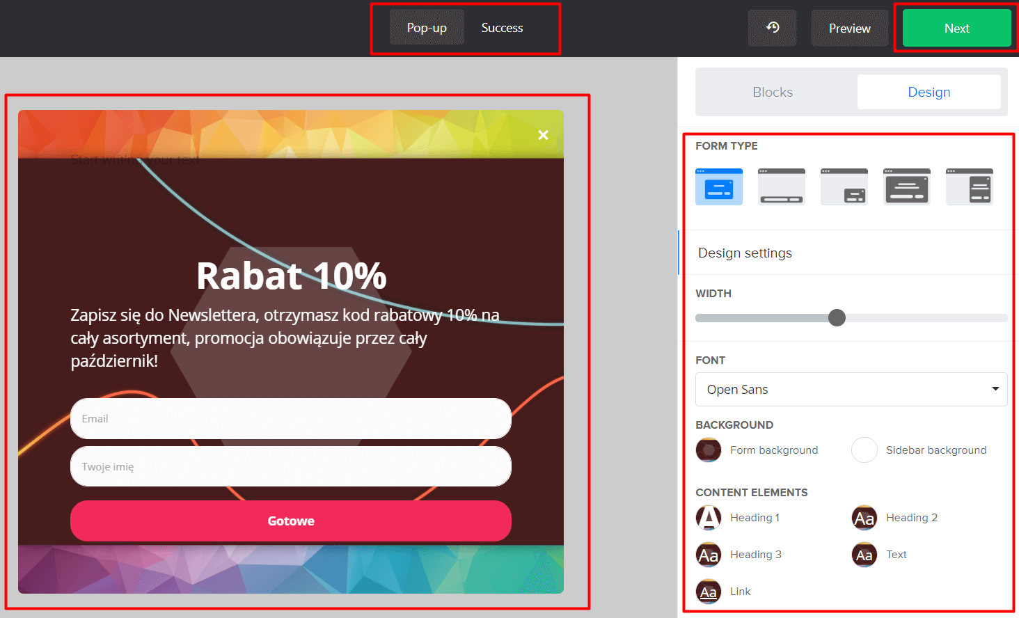 Przykład ekranu edycji tworzonego okna pop-up Przykład ekranu edycji tworzonego okna pop-up
