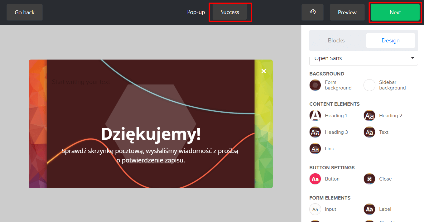 W zakładce: Success zdefiniuj treść komunikatu podziękowania W zakładce: Success zdefiniuj treść komunikatu podziękowania
