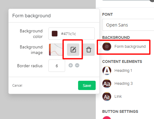 Przykład edytora graficznego (edycja elementu: Form background) Przykład edytora graficznego (edycja elementu: Form background)