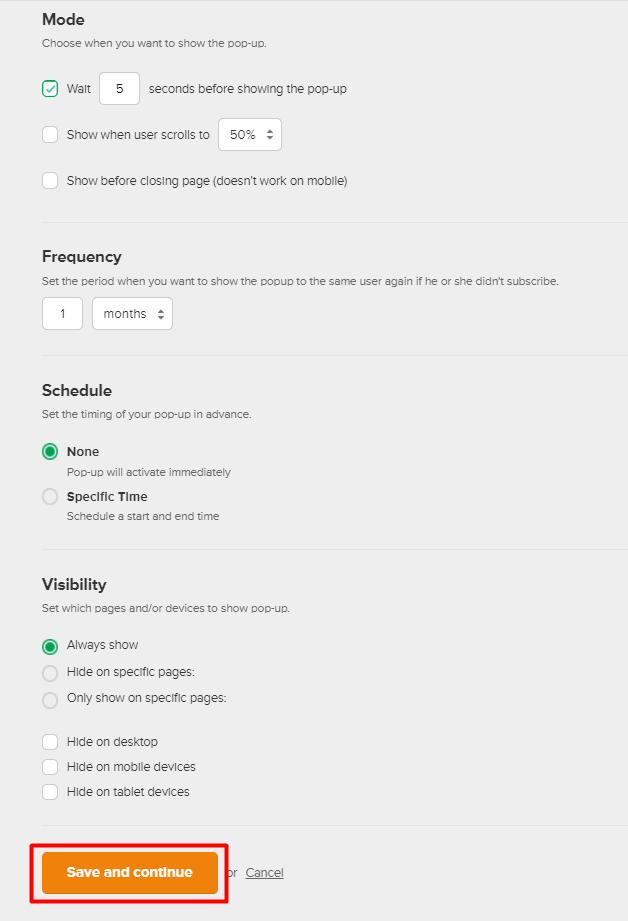 Dodatkowe ustawienia pop-up (częstotliwość wyświetlania, widoczność, itp.) Dodatkowe ustawienia pop-up (częstotliwość wyświetlania, widoczność, itp.)