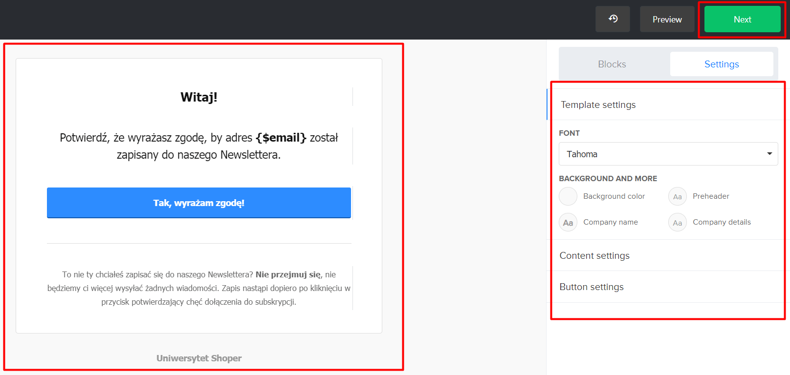 Konfiguracja wiadomości potwierdzającej zapis do newslettera Konfiguracja wiadomości potwierdzającej zapis do newslettera