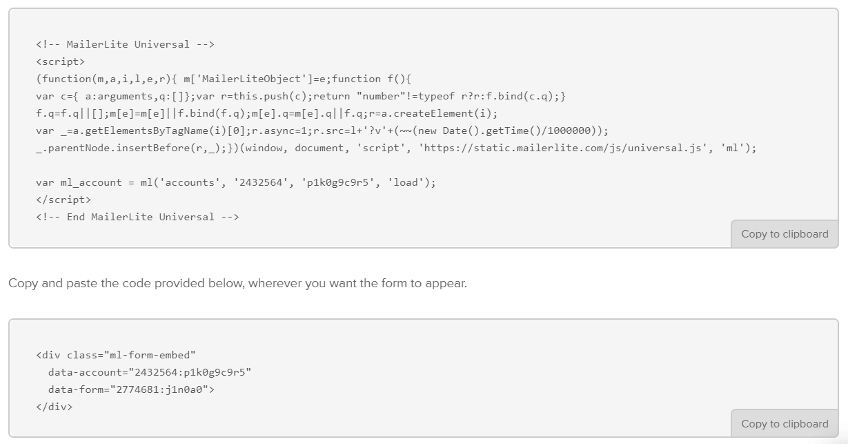 Kod JavaScript oraz kod HTML stworzonego okna pop-up (MailerLite)