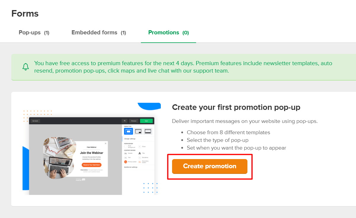 Aby utworzyć promocję pop-up, kliknij przycisk: Create promotion
