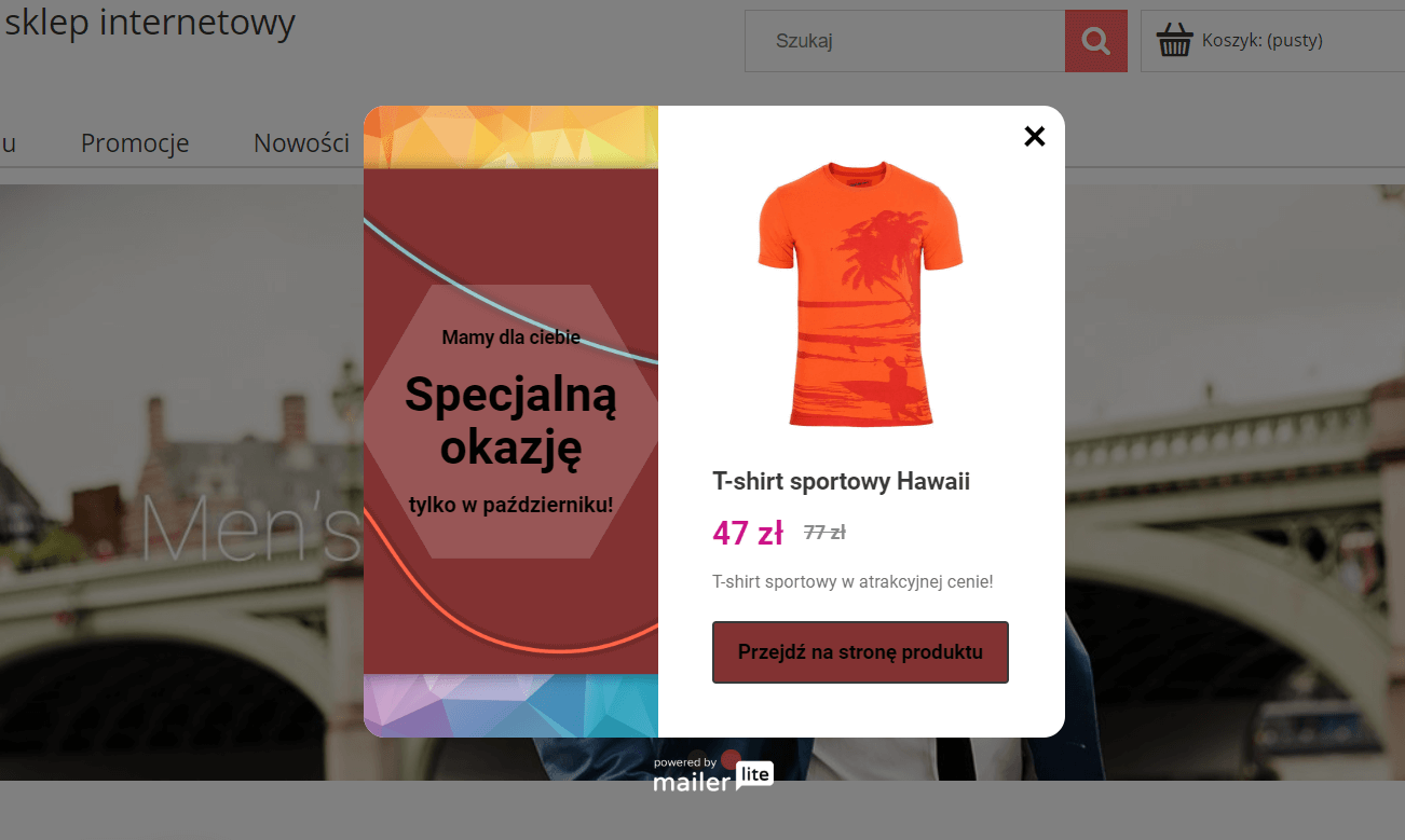 Przykładowy wygląd okna pop-up wyświetlającego promocje w sklepie Przykładowy wygląd okna pop-up wyświetlającego promocje w sklepie