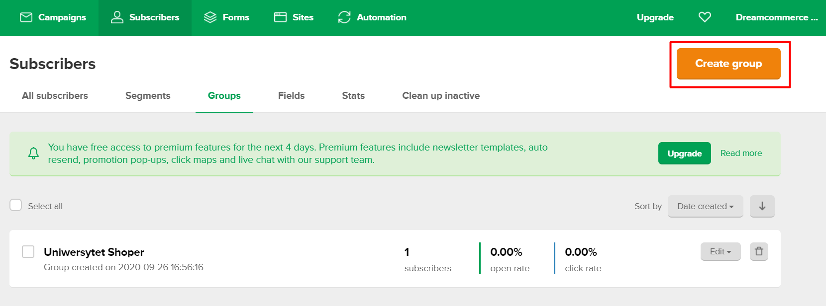 Kliknij przycisk: Create group w prawym górnym rogu ekranu Kliknij przycisk: Create group w prawym górnym rogu ekranu