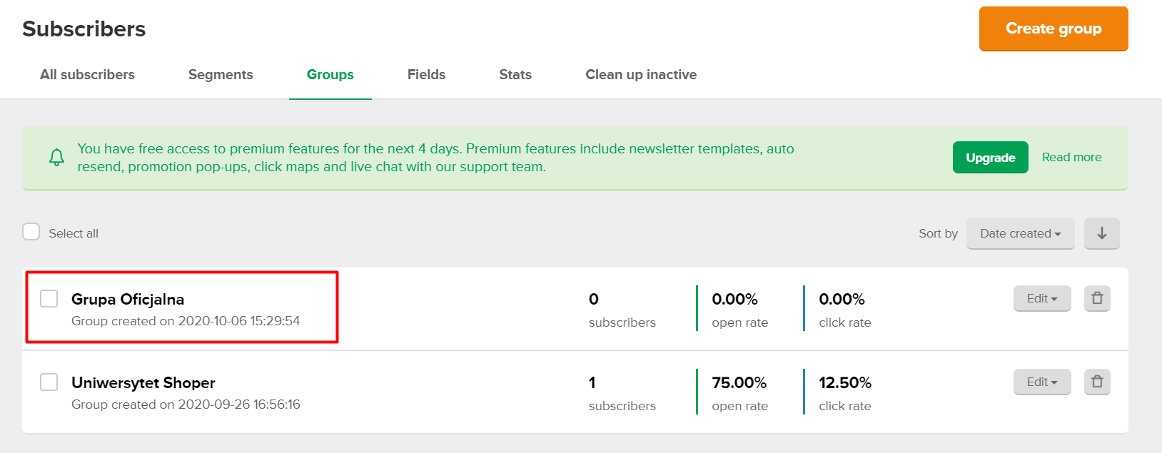 Wybierz utworzoną grupę i kliknij przycisk: Add subscribers Wybierz utworzoną grupę i kliknij przycisk: Add subscribers