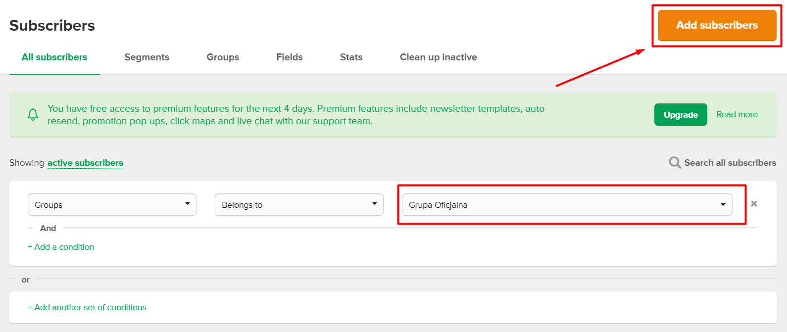 Wybierz utworzoną grupę i kliknij przycisk: Add subscribers. Wybierz utworzoną grupę i kliknij przycisk: Add subscribers.