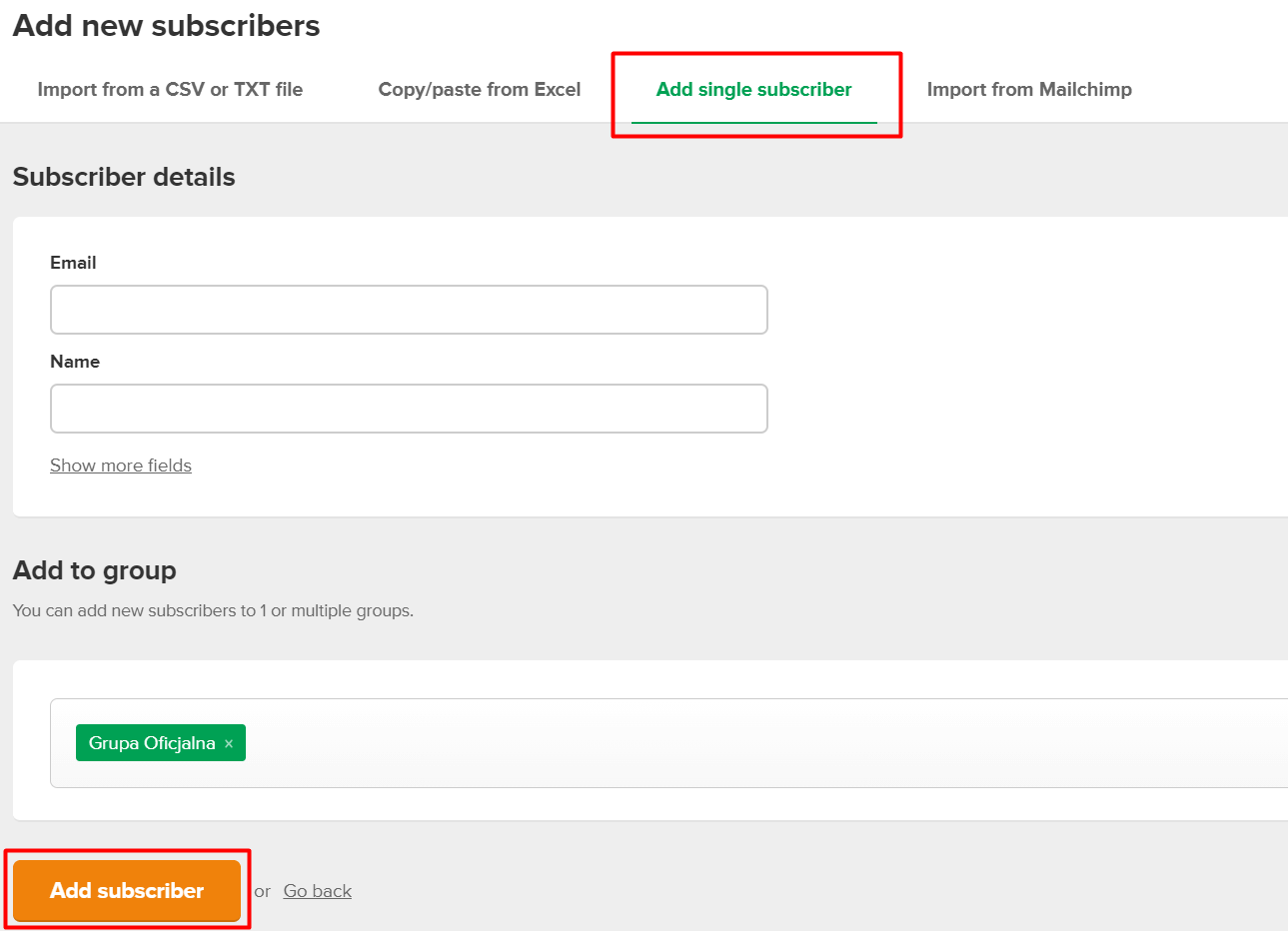 Kliknij: Add single subscriber, wpisz adres i imię, wybierz grupę i naciśnij: Add subscriber Kliknij: Add single subscriber, wpisz adres i imię, wybierz grupę i naciśnij: Add subscriber