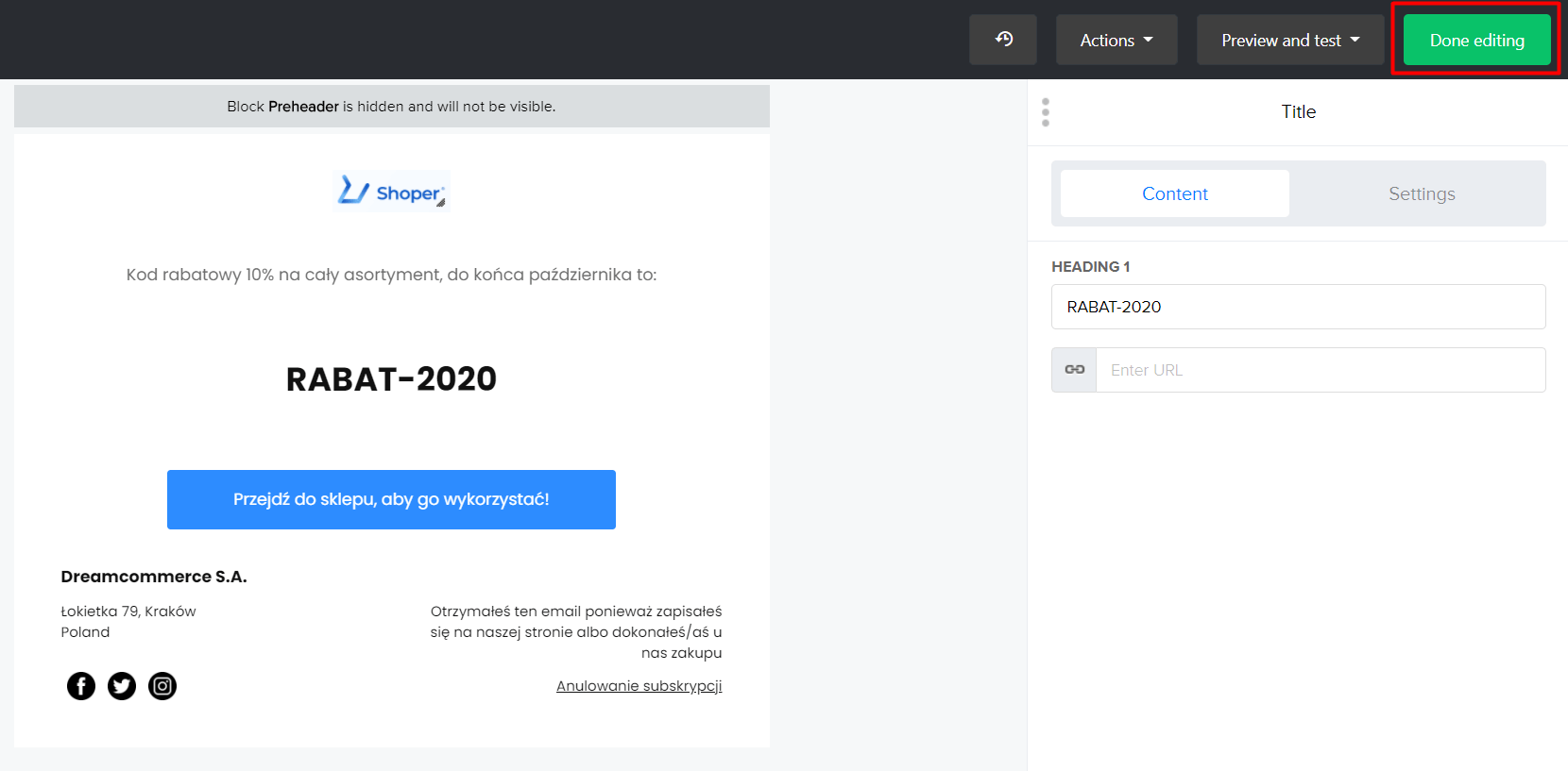 W edytorze zaprojektuj wiadomość z kodem rabatowym według własnego uznania W edytorze zaprojektuj wiadomość z kodem rabatowym według własnego uznania
