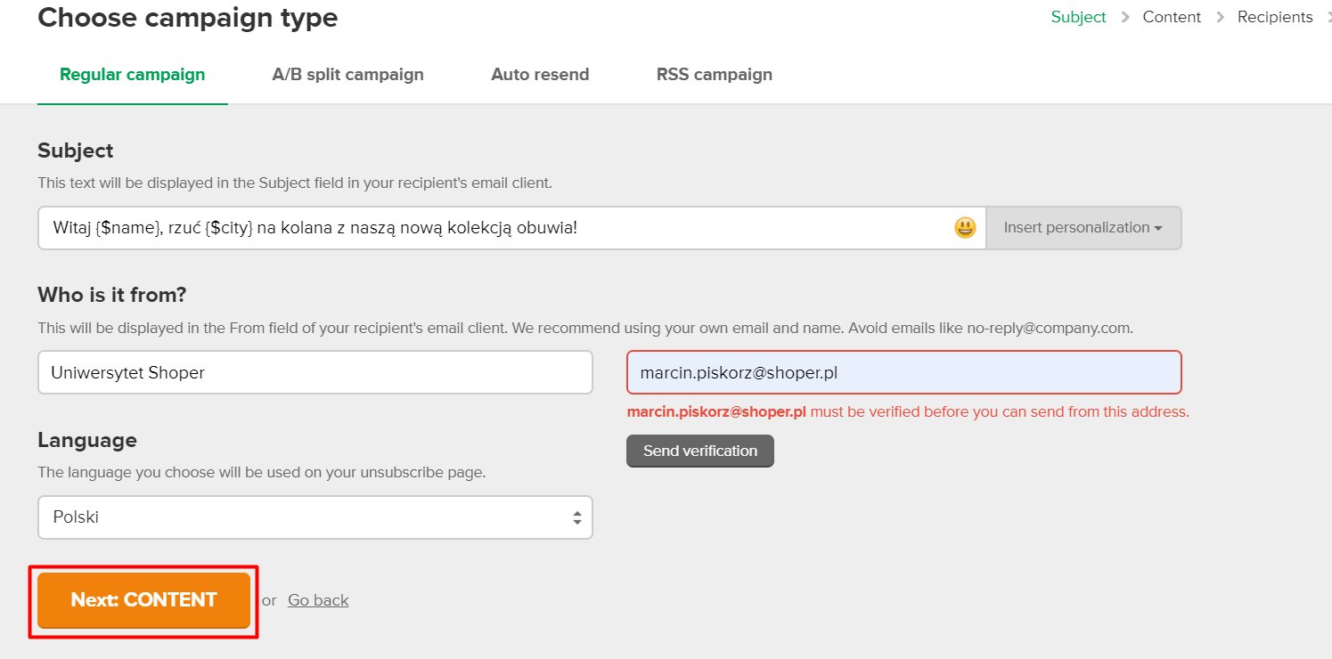 Weryfikacja adresu e-mail. Kliknij przycisk: Next CONTENT, aby powrócić do zakładki Weryfikacja adresu e-mail. Kliknij przycisk: Next CONTENT, aby powrócić do zakładki