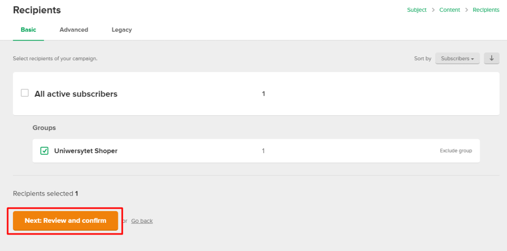 Wybór odbiorców wysyłki kampanii e-mail (MailerLite) Wybór odbiorców wysyłki kampanii e-mail (MailerLite)