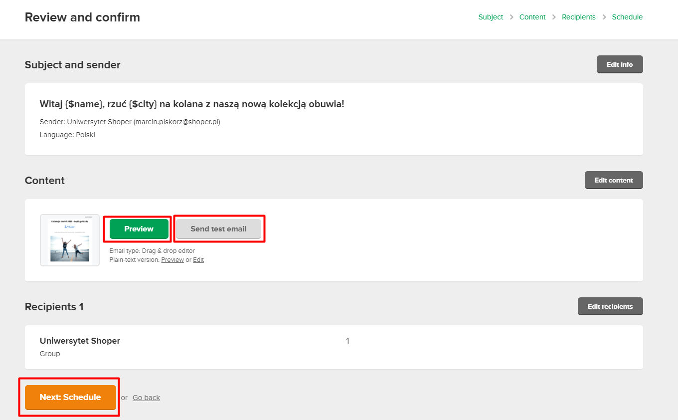 Podgląd i potwierdzenie wysyłki kampanii e-mail (MailerLite) Podgląd i potwierdzenie wysyłki kampanii e-mail (MailerLite)