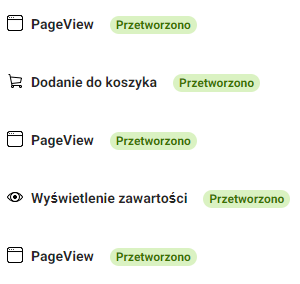 Przykład odnotowanych zdarzeń przez Piksel Facebooka Odnotowane zdarzenia ze sprawdzanej witryny przez Piksel Facebook