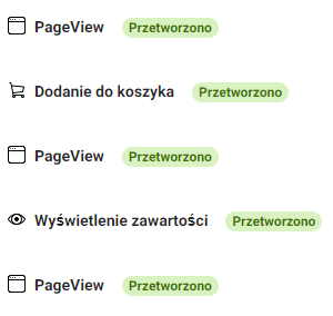 Odnotowane zdarzenia ze sprawdzanej witryny przez Piksel Facebook