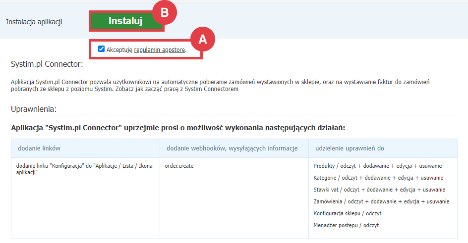 Zapoznaj się z regulaminem i go zaakceptuj, następnie kliknij przycisk: Instaluj Akceptacja regulaminu i rozpoczęcie instalacji aplikacji w sklepie Shoper