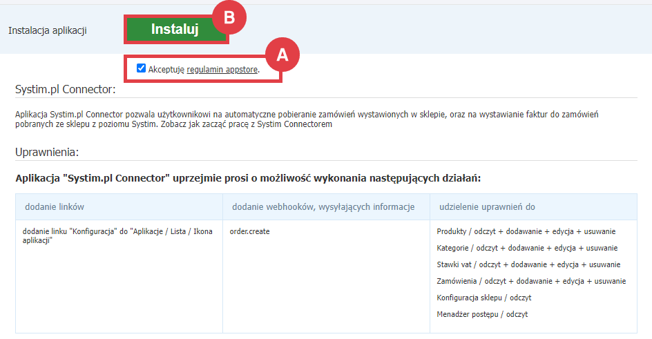 Akceptacja regulaminu i rozpoczęcie instalacji aplikacji w sklepie Shoper