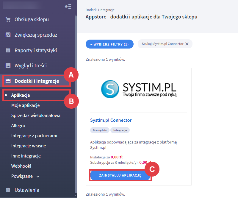 Znajdź aplikację Systim.pl i kliknij przy niej przycisk: Zainstaluj Systim Connector Shoper