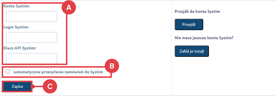 Wpisz dane dostępu do konta zarejestrowanego w programie Systim.pl Systim Connector Shoper