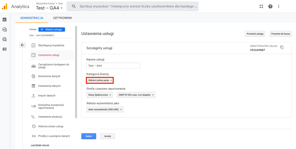 GA4 - Ustawienia usług - Kategoria branży - Waluta - Strefa czasowa
