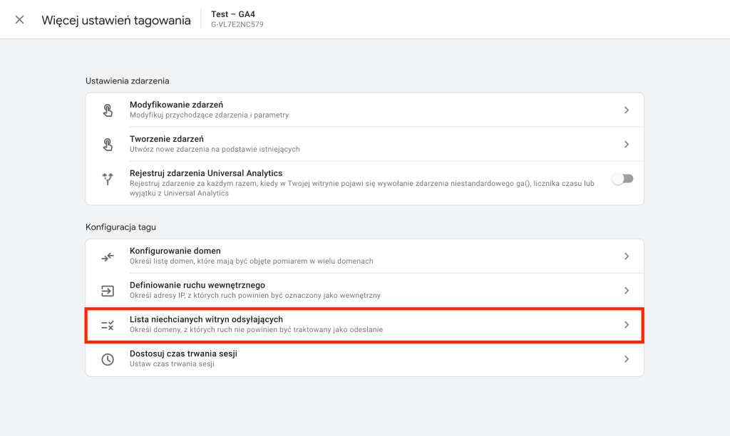 GA4 - Więcej ustawień tagowania - Lista niechcianych witryn odsyłających