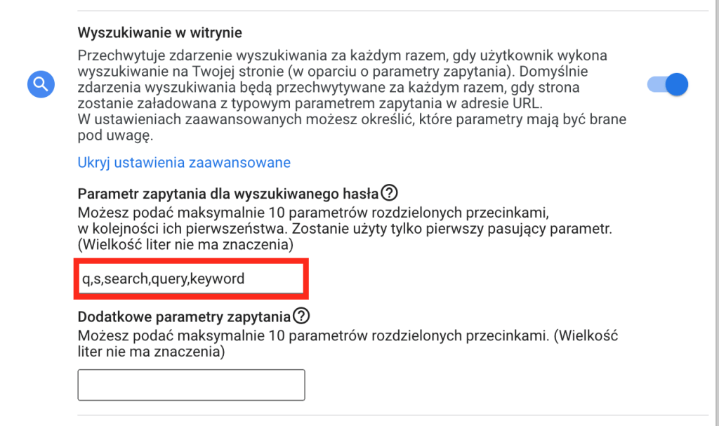 Parametry zapytania dla wyszukiwanego hasła