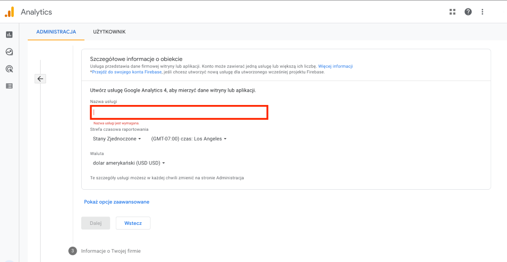 Szczegółowe informacje o obiekcie - tworzenie nowego konta Google Analytics 4