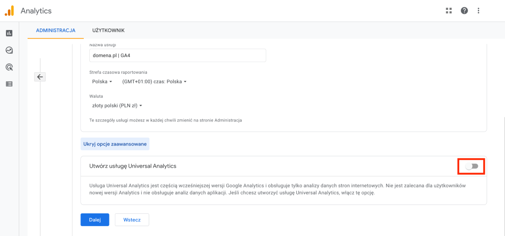 Opcje zaawansowane - Utwórz usługę Universal Analytics