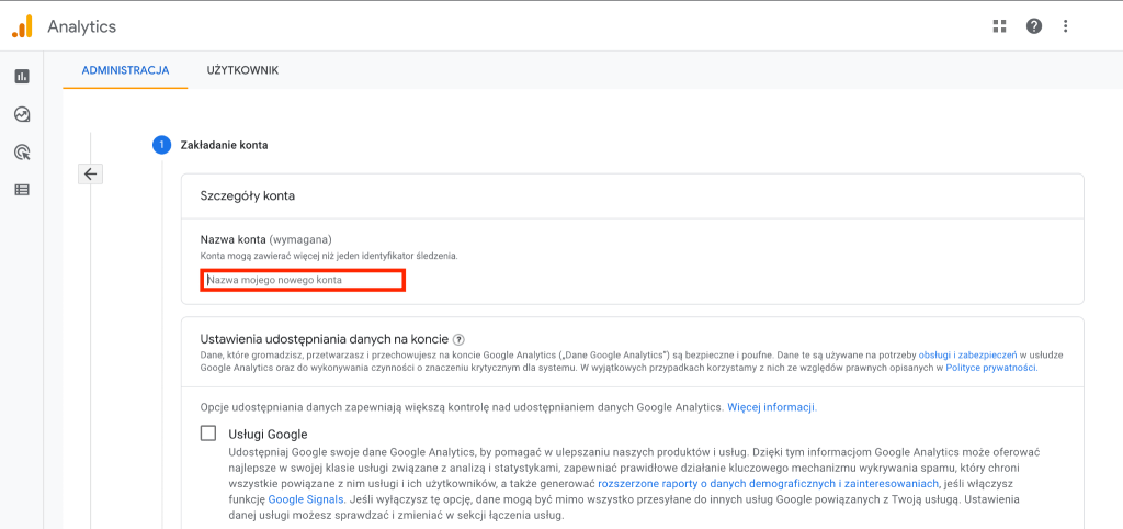 Zakładanie nowego konta Google Analytics