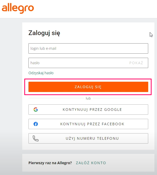Formularz logowania Allegro