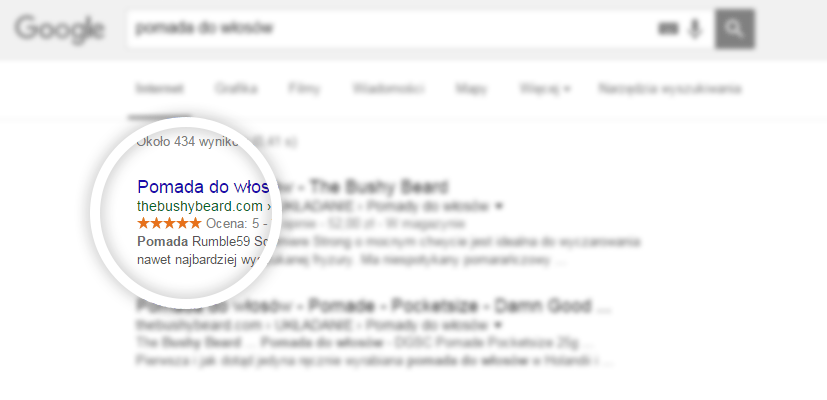 Przykład zastosowania rich snippets dla rozszerzenia prezentacji wyniku w wyszukiwarce Google Przykład zastosowania rich snippets w wynikach wyszukiwarki Google