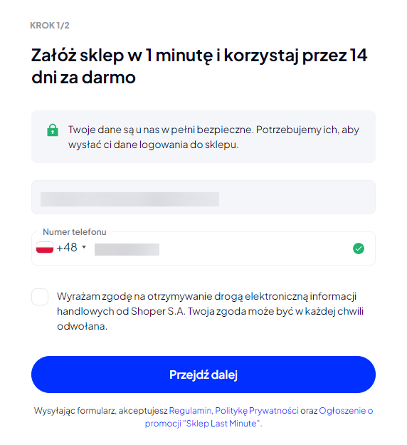 Podaj numer telefonu, na który otrzymasz dane darmowego sklepu Shoper (okres próbny 14 dni). Zakładanie 14 dniowej darmowej wersji sklepu Shoper