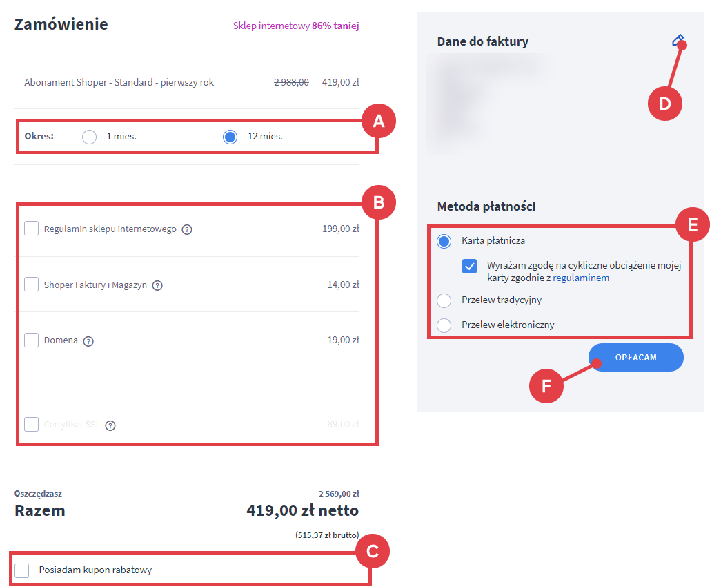 Wybierz interesujące Cię parametry usługi sklepu interentowego Panel zamawiania usługi sklepu internetoweg