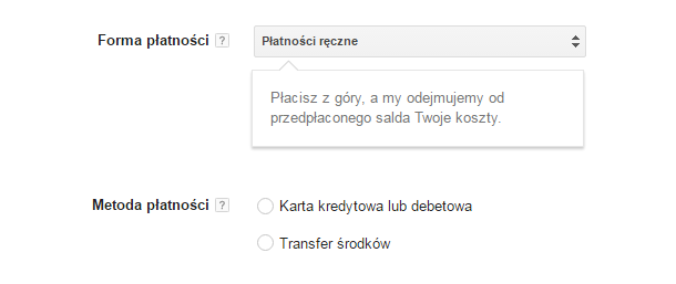 Wybierz formę płatności za kampanie w Google AdWords Google AdWords > Kampanie > Płatność > Forma płatności