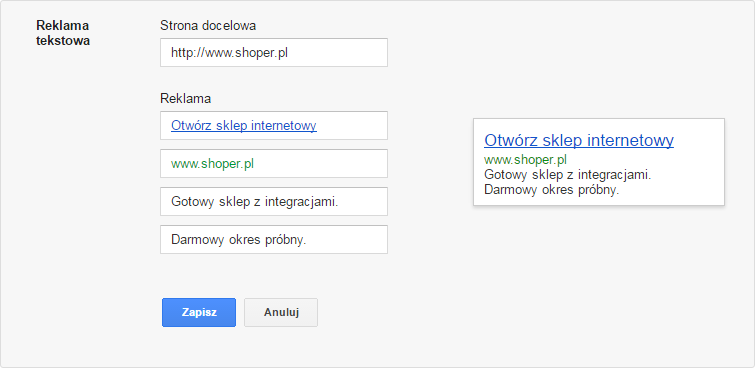 Uzupełnij elementy reklamy tekstowej w Google AdWords Google AdWords > Kampania > Reklama tekstowa