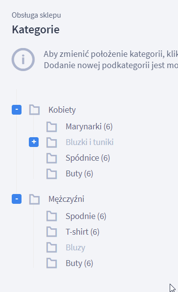 Instruktaż przenoszenia kategorii między kategoriami w Panelu administracyjnym sklepu Shoper Panel administracyjny sklepu > Obsługa sklepu > Produkty > Kategorie > Przenoszenie kategorii