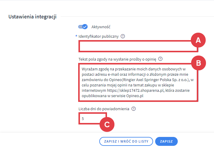 Ustaw działanie usługi Opineo w sklepie internetowym Shoper Panel administracyjny sklepu > Dodatki i integracje > Inne integracje > Opineo > Konfiguracja