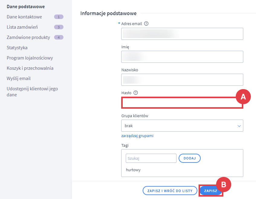 Edycja hasła na koncie klienta w interfejsie zarządzania sklepem Shoper Panel administracyjny sklepu > Obsługa sklepu > Klienci > Edycja > Hasło