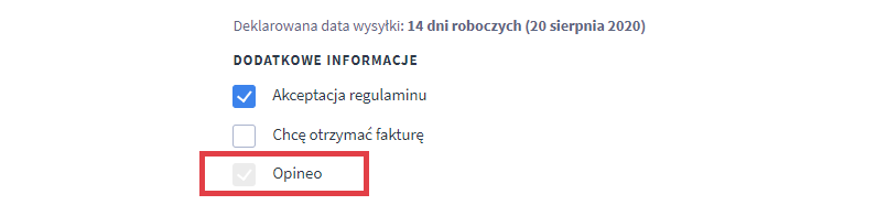 Sprawdź, czy klient zaznaczył zgodę Opineo podczas realizacji zamówienia Panel administracyjny sklepu > Obsługa sklepu > Zamówienia > Podgląd > Dodatkowe informacje > Opineo